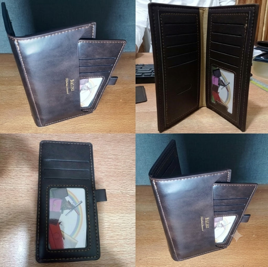 Men Spacious PU Leather Wallet Coffee White Stitching