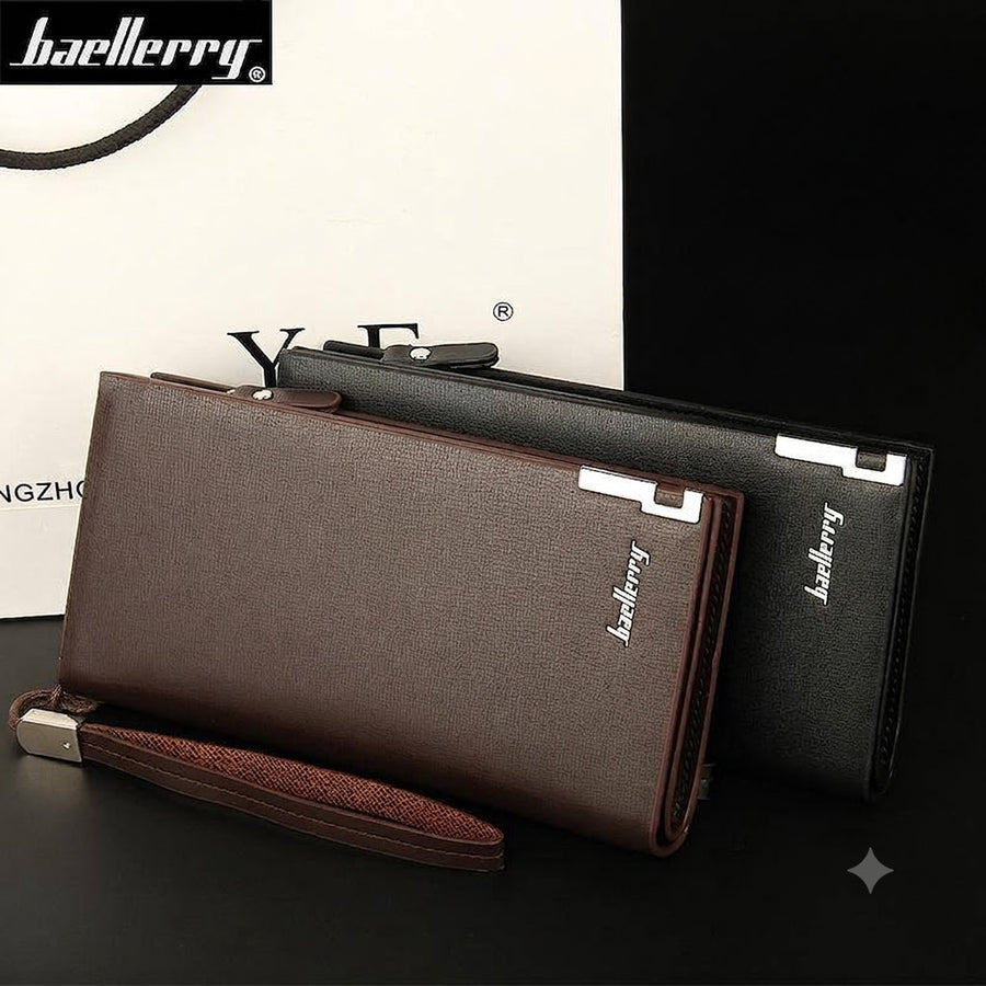 Men's Long Wallet PU Leather Brown Black Slim Design